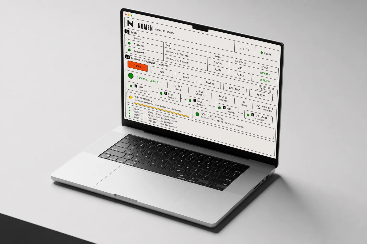 NOMEN running on a MacBook Pro, showing indexed sources and completed local processing.